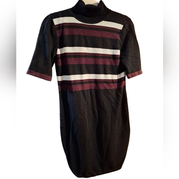 Vince Camuto Dresses & Skirts - Vince Camuto Dress S Midi Black Purple Striped Burgundy Turtleneck CottonDimens